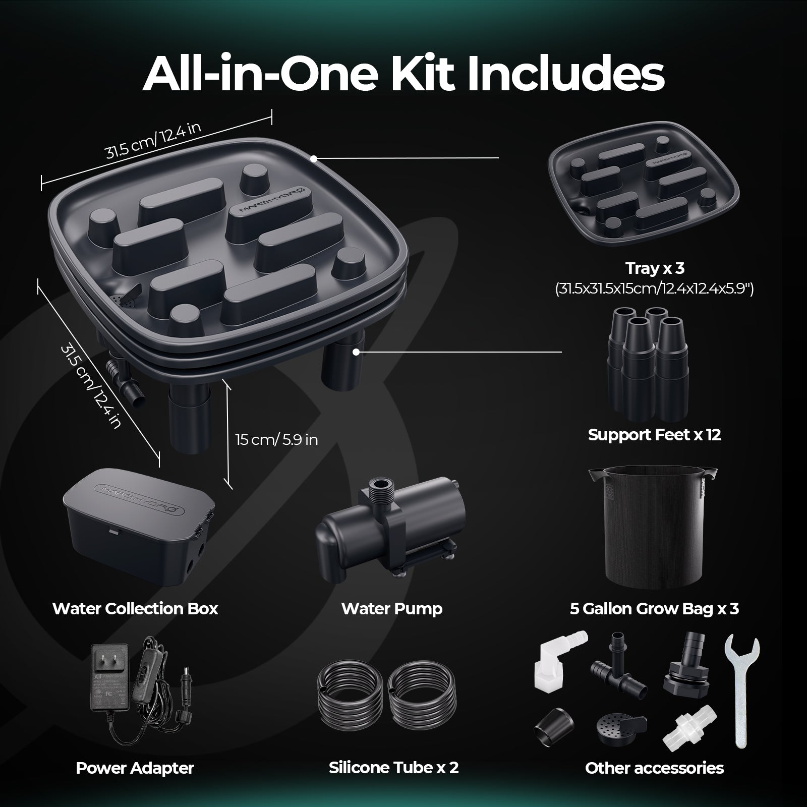 Im Mars Hydro Wasserableitung Auto-Drainagesystem 3er-Set enthaltene All-in-One-Komponenten: zwei Schalen, Wasserauffangbehälter, Wasserpumpe, 12 Stützfüße, Netzteil, Silikonschlauch, 5-Gallonen-Anzuchtbeutel und Zubehör – alles mit Maßangaben beschriftet. Ideal für Zuchtzelte und ein effizientes Wassermanagement dank des automatischen Entwässerungssystems.