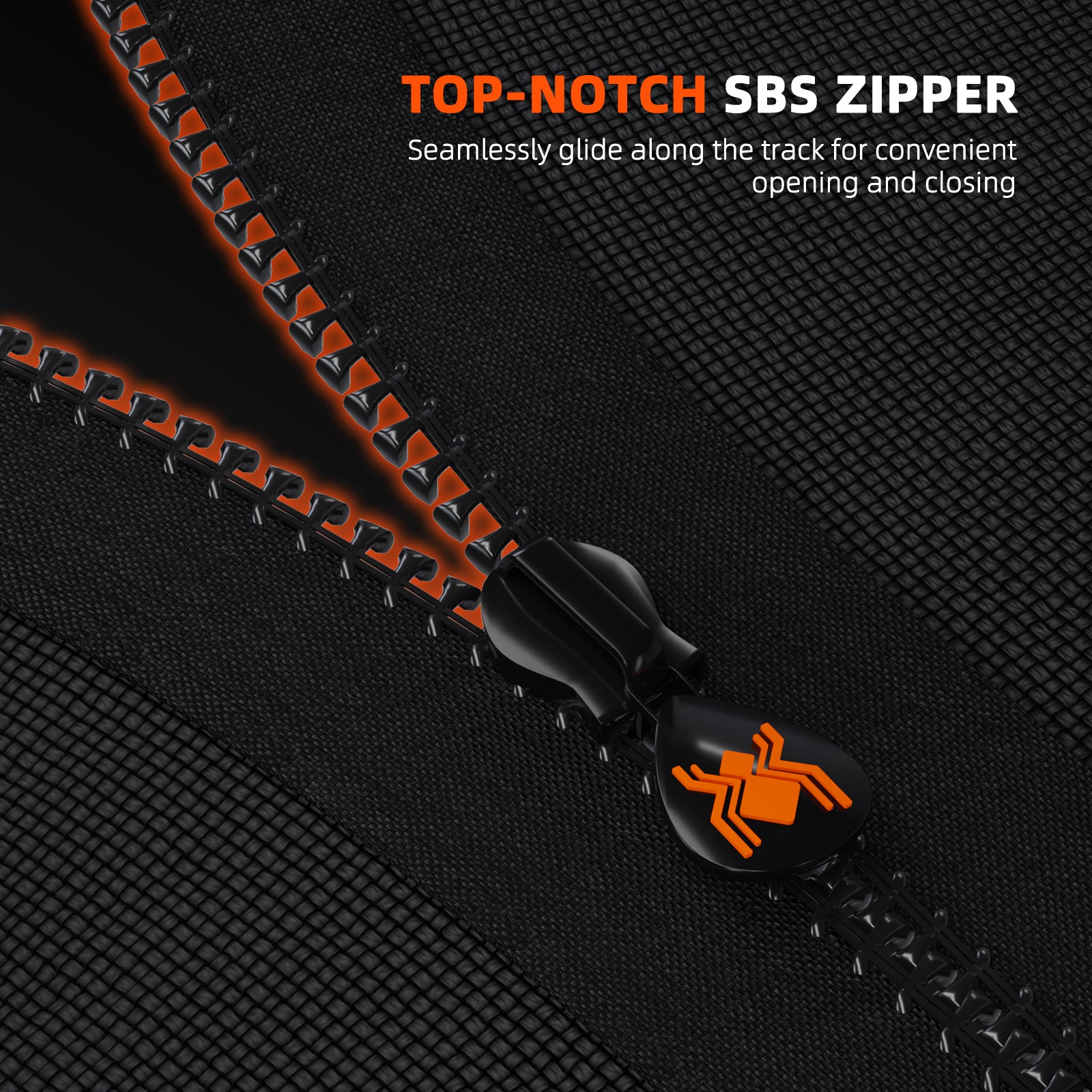 Nahaufnahme eines schwarzen SBS-Reißverschlusses mit einem orangefarbenen Spinnenlogo auf dem Schieber. Der Text darüber lautet: „TOP-NOTCH SBS ZIPPER“. Genießen Sie den sanften und mühelosen Lauf für einfaches Öffnen und Schließen – ideal für Ihre Spider Farmer Growbox (100 × 100 × 200 cm) oder jede andere Indoor-Anbauanlage.