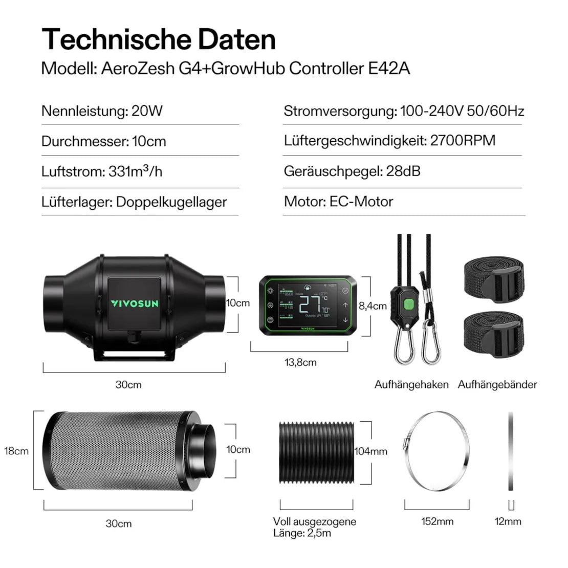 Smartes Abluftset mit GrowHub E42A Controller bis 331 m³/h