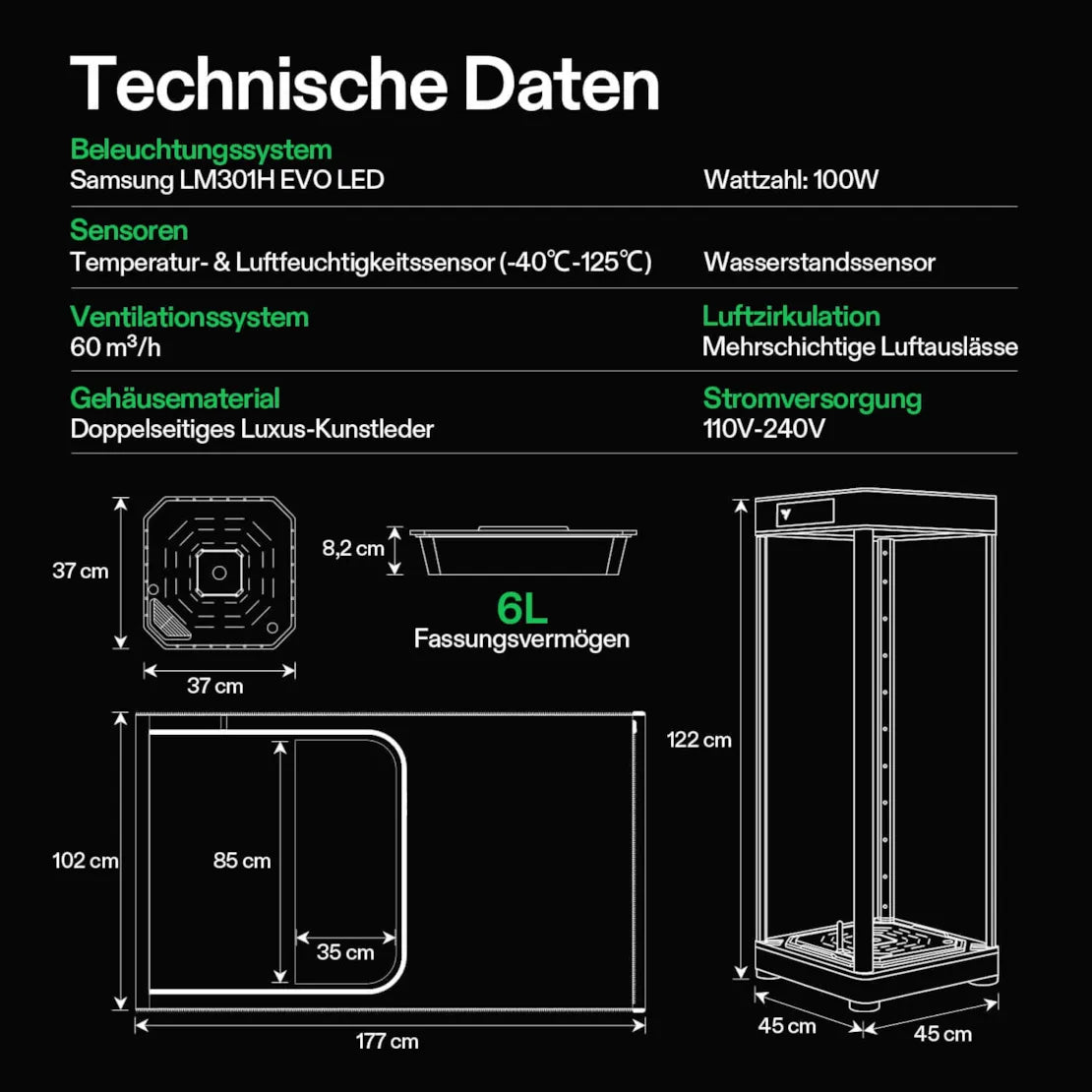 VGrow Smartes All-in-One Komplettset (45×45×122 cm) 100 Watt