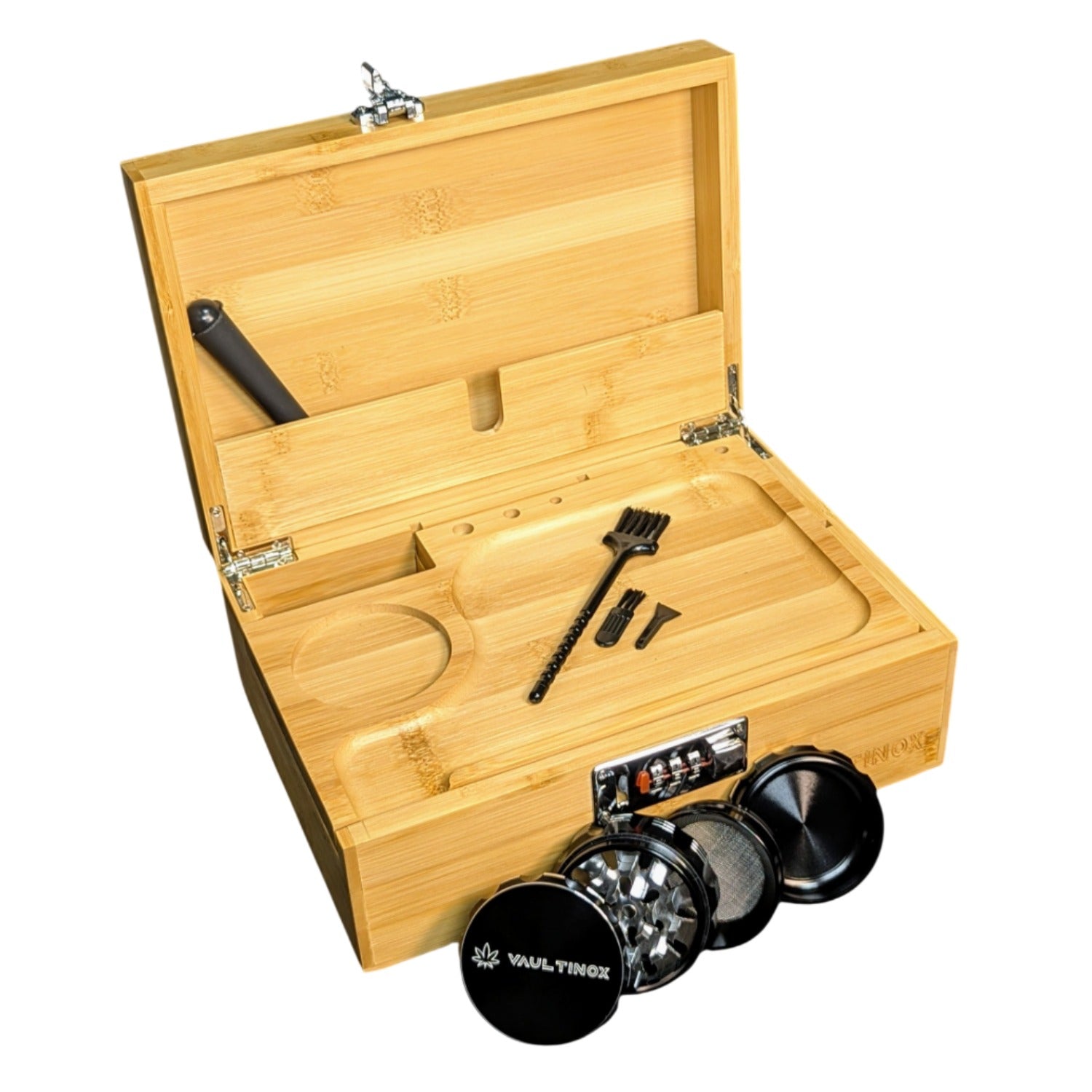 Vaultinox Abschließbare Stonerbox aus Bambus inkl. Rolling Tray, Grinder & Zubehör