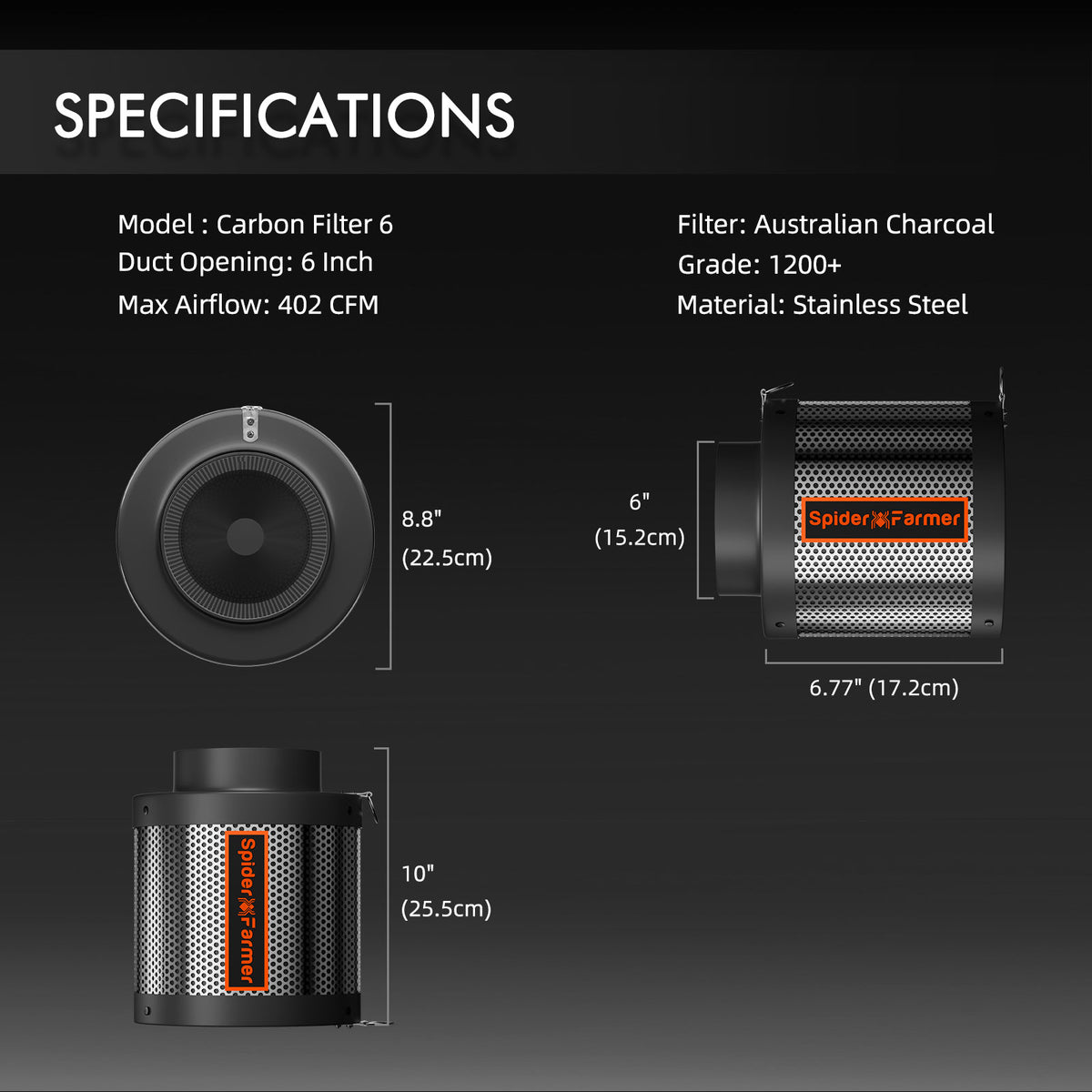 Spider Farmer G1000W Komplettset – Aktivkohlefilter Maße