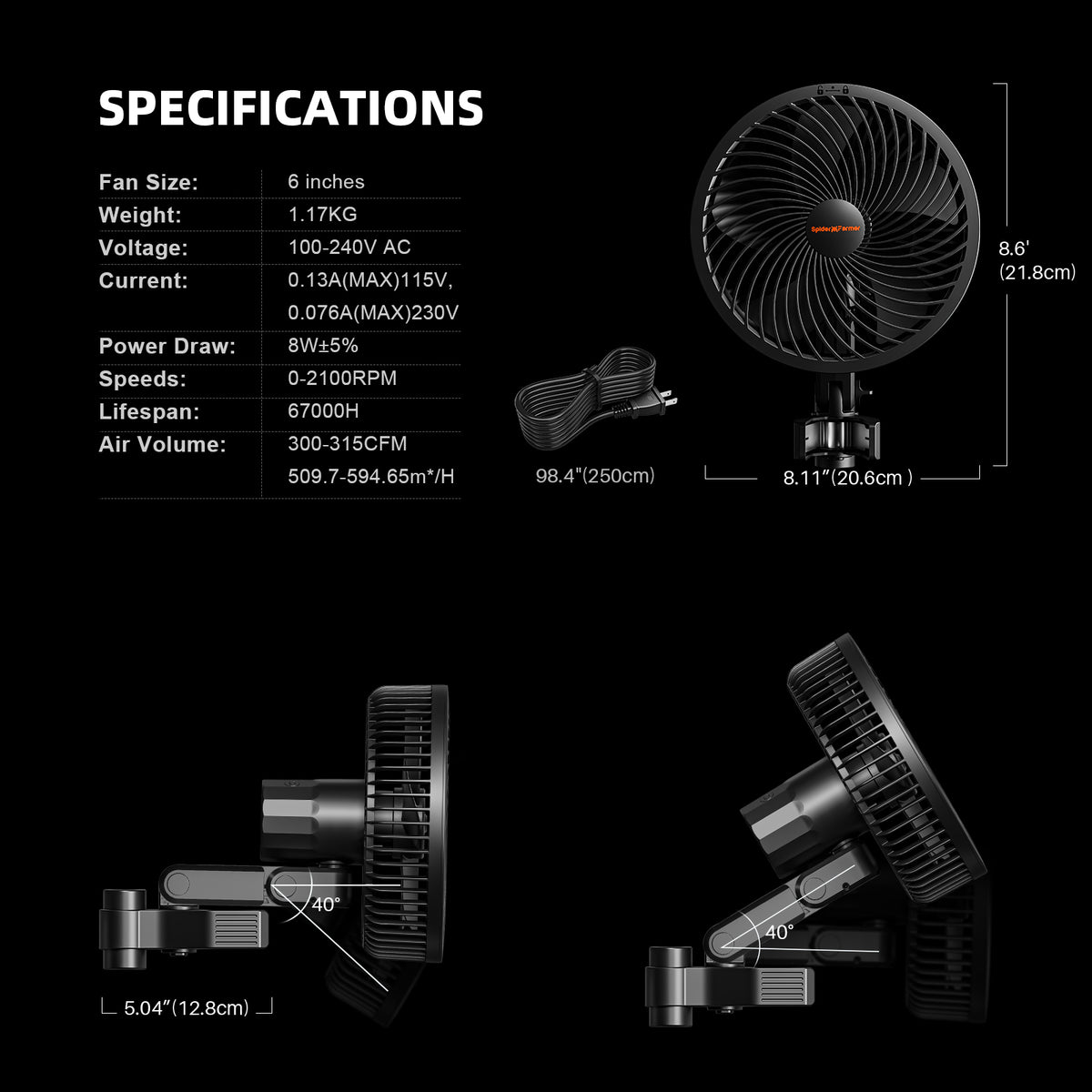 Spider Farmer G1000W Komplettset – Clipventilator Daten