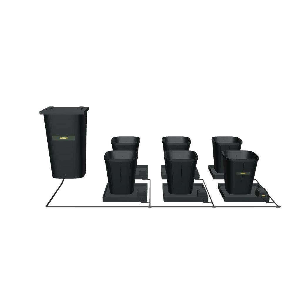 1Pot Bewässerungssystem Komplettset mit 6 Töpfen – fotobasierte 3D-Visualisierung; beispielhafte Schlauchführung und angenäherte Kleinteile.