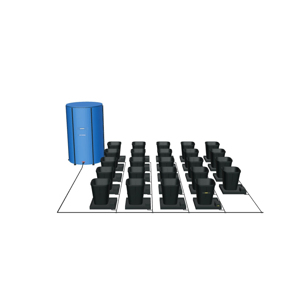 1Pot Bewässerungssystem Komplettset mit 24 Töpfen – fotobasierte 3D-Visualisierung; beispielhafte Schlauchführung und angenäherte Kleinteile.