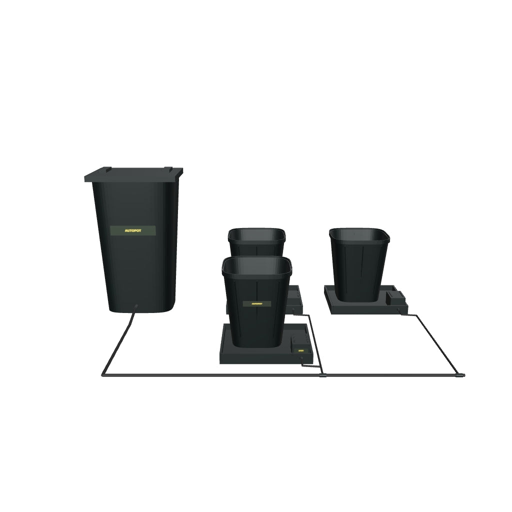 1Pot Bewässerungssystem Komplettset mit 3 Töpfen – fotobasierte 3D-Visualisierung; beispielhafte Schlauchführung und angenäherte Kleinteile.