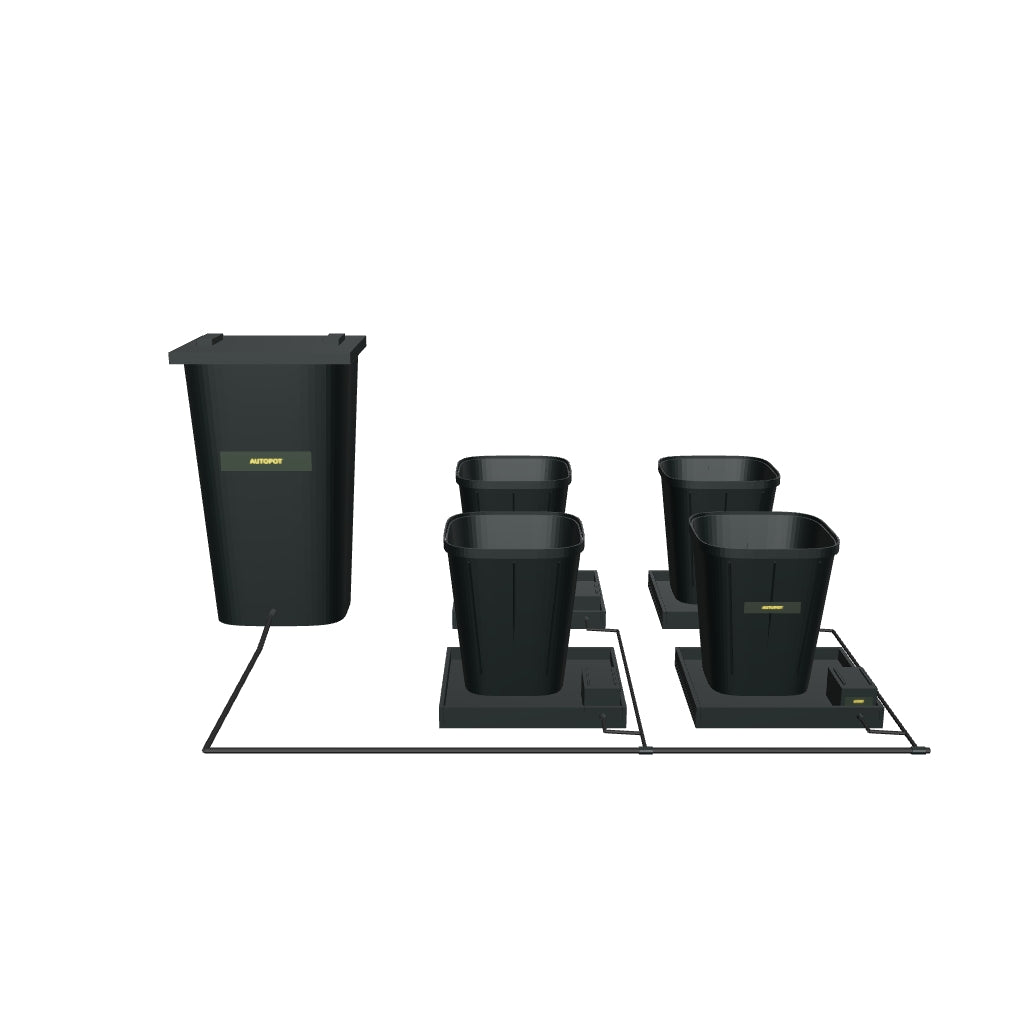 1Pot Bewässerungssystem Komplettset mit 4 Töpfen – fotobasierte 3D-Visualisierung; beispielhafte Schlauchführung und angenäherte Kleinteile.