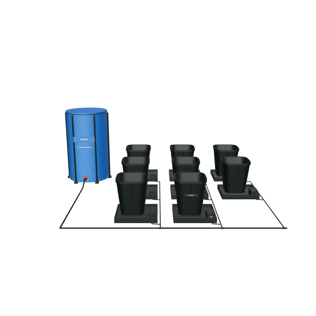 1Pot Bewässerungssystem Komplettset mit 8 Töpfen – fotobasierte 3D-Visualisierung; beispielhafte Schlauchführung und angenäherte Kleinteile.