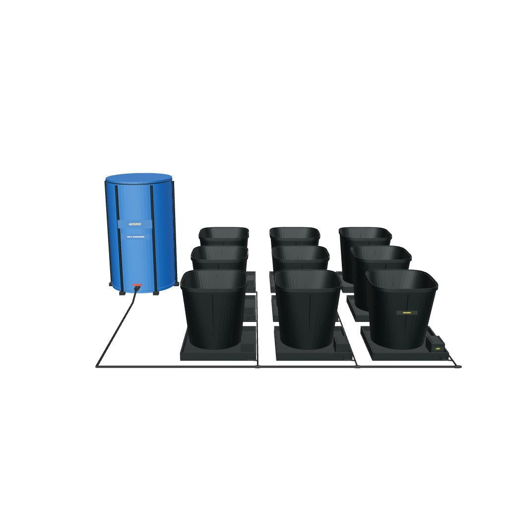 1Pot XL Bewässerungssystem Komplettset mit 9 Töpfen – fotobasierte 3D-Visualisierung; beispielhafte Schlauchführung und angenäherte Kleinteile.