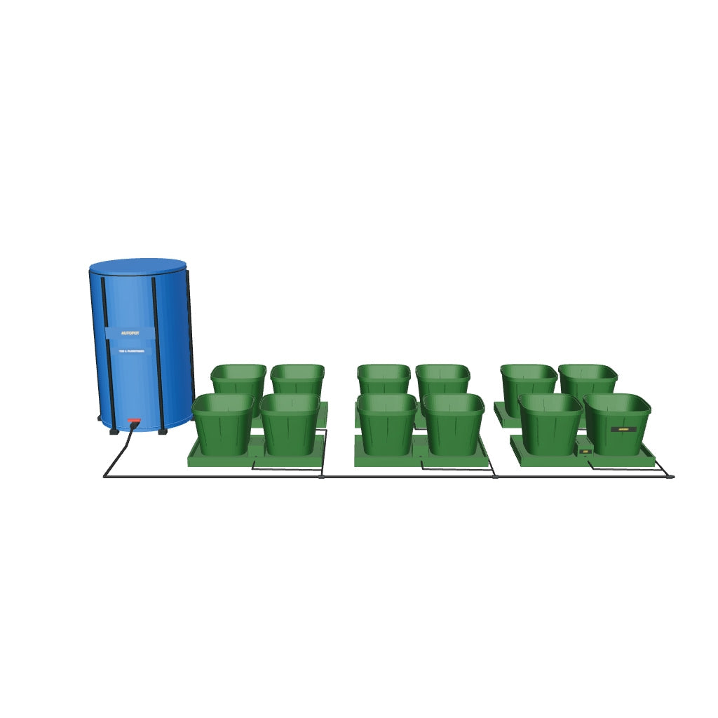 Easy2Grow Bewässerungssystem Komplettset mit 12 Töpfen – fotobasierte 3D-Visualisierung; beispielhafte Schlauchführung und angenäherte Kleinteile.