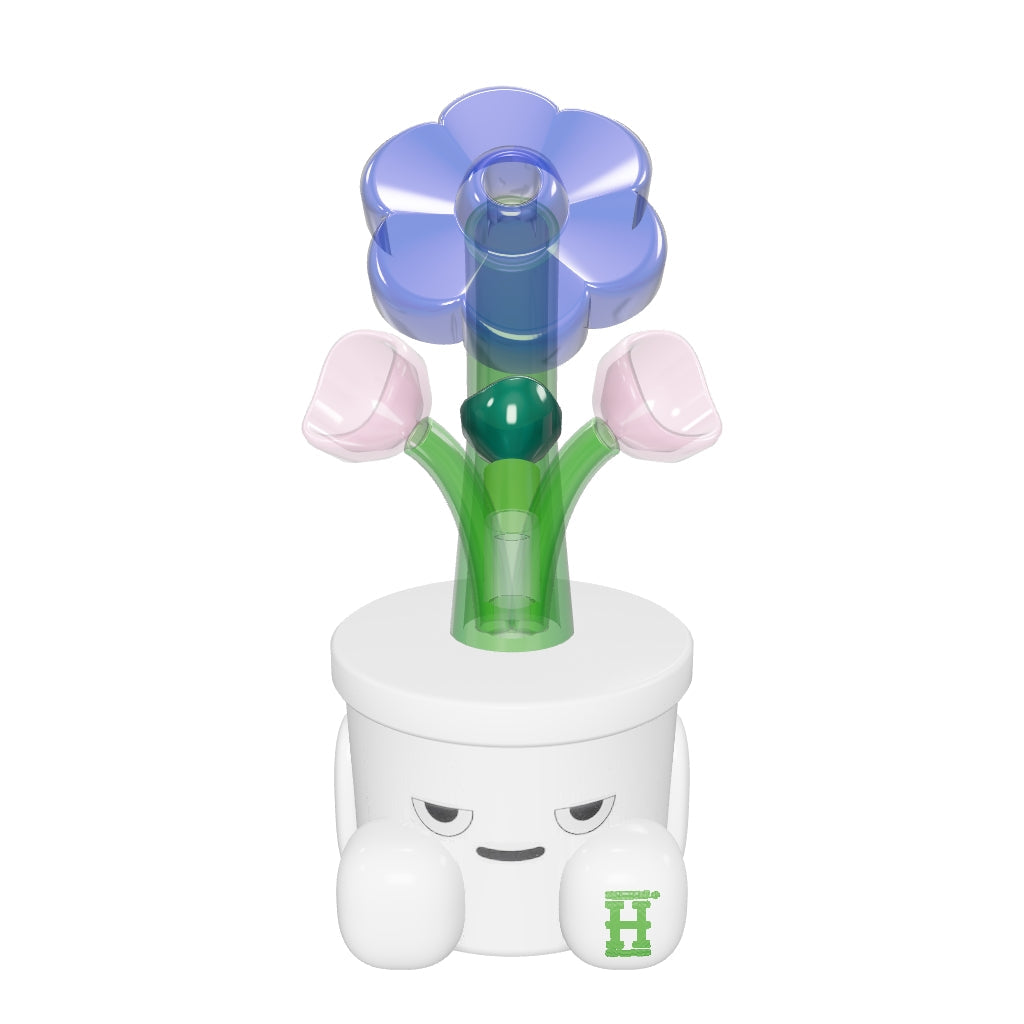 HEMPER Bloom XL Bong – anhand offizieller Drehansichten korrigierte blaue Glasblüte, rosa Tulpen, gebogener XL-Stiel und separater Tulpenkopf; Glaswirkung angenähert