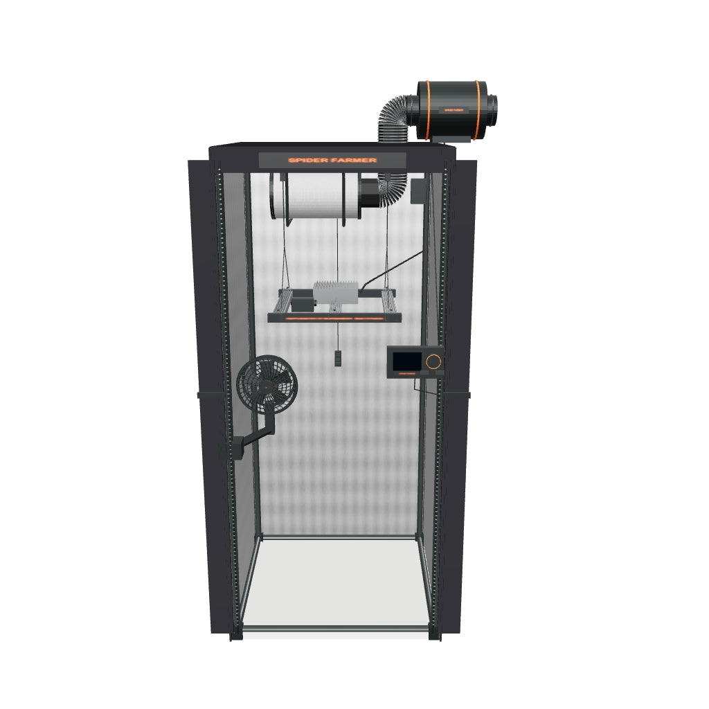 Komplettset (70x70x160 cm) 150 Watt SE1500 EVO LED mit GGS für smarte Steuerung – fotobasierte 3D-Visualisierung; Anordnung und Kleindetails angenähert.