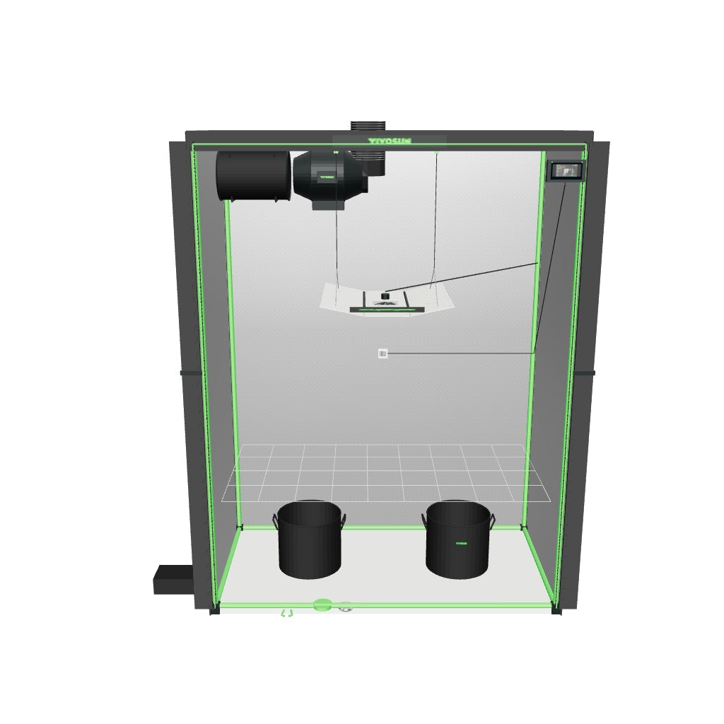 VIVOSUN Smartes Komplettset (150×80×200 cm) 200 Watt AeroLight Wing SE LED, AeroZesh G6 und GrowHub E42A+ – fotobasierte 3D-Ansicht