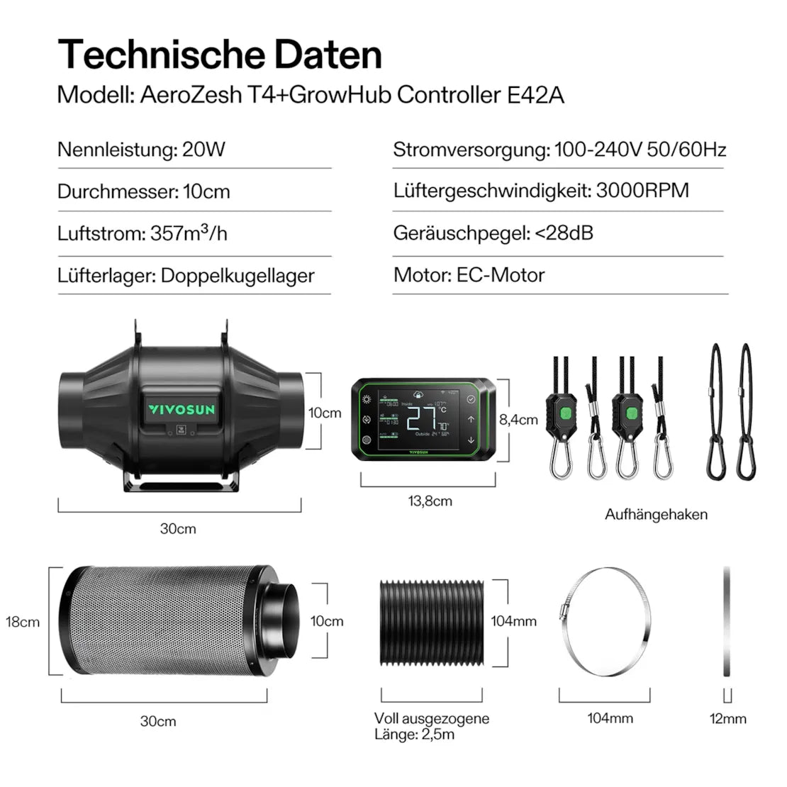 Smartes Komplettset Pro (80×80×160 cm) 150 Watt AeroLight LED und AeroZesh T4 Lüfter