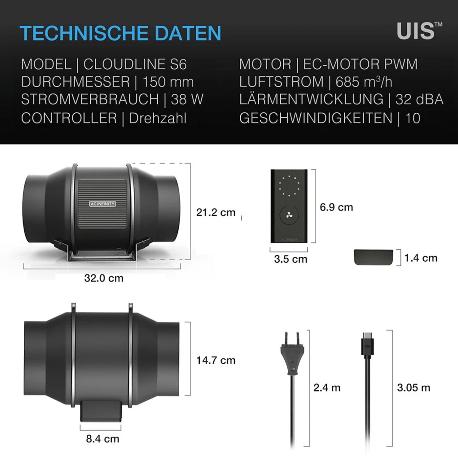CLOUDLINE PRO S6 leiser Rohrventilator bis 683 m³/h