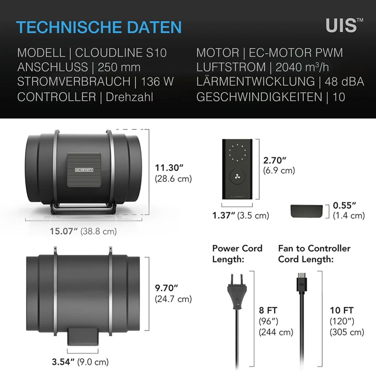 CLOUDLINE PRO S10 leiser Rohrventilator bis 2040 m³/h