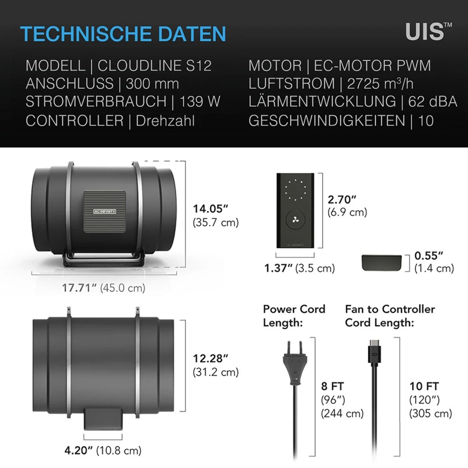 CLOUDLINE PRO S12 leiser Rohrventilator bis 2725 m³/h