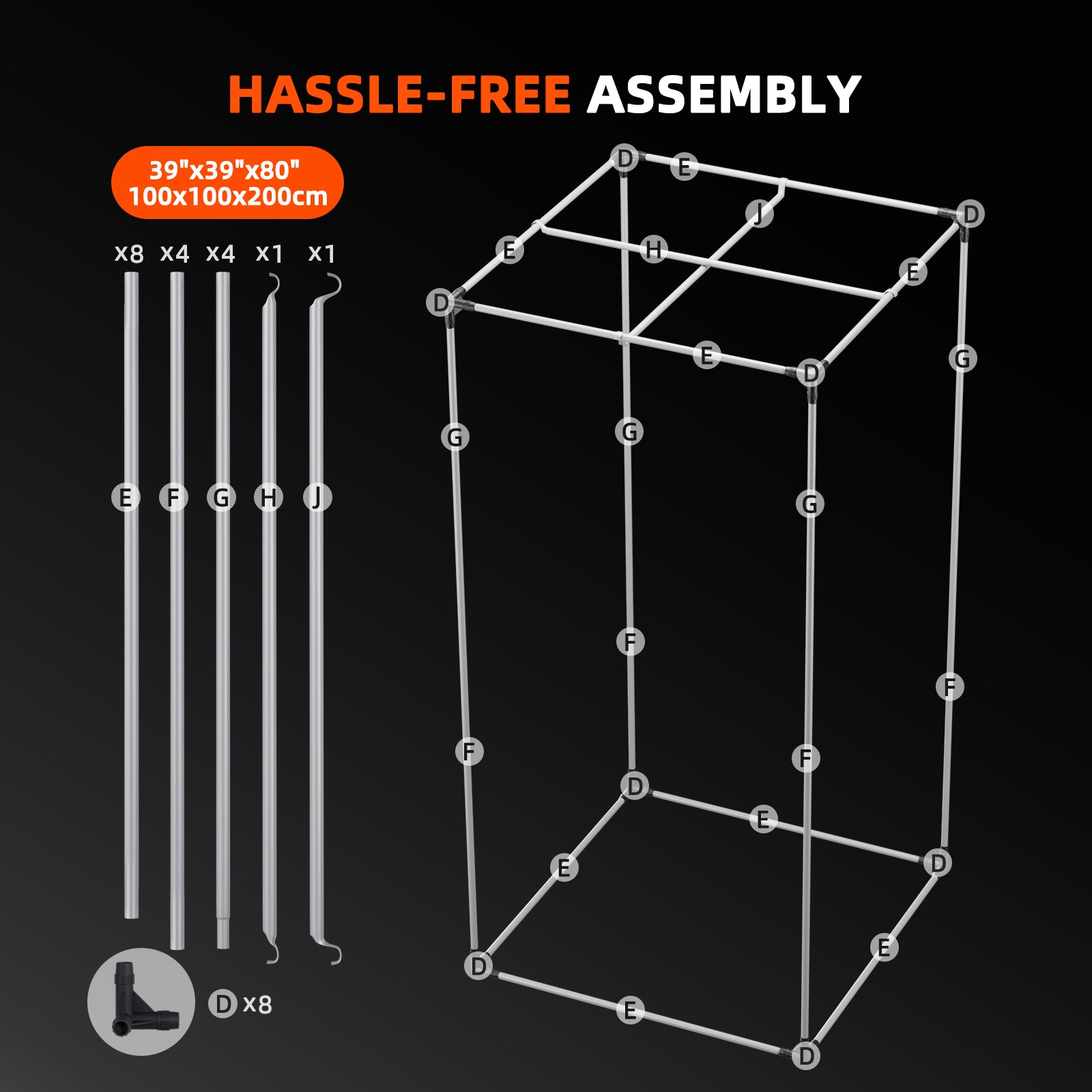 Schematische Darstellung der beschrifteten Metallstangen und Verbindungselemente für den Zusammenbau des rechteckigen Rahmenbehälters „Spider Farmer Growbox“ (100 × 100 × 200 cm), ideal für den Indoor-Anbau. Die Anleitung erläutert den unkomplizierten Zusammenbau anhand klar gekennzeichneter Bauteile und Maße: 100 × 100 × 200 cm.