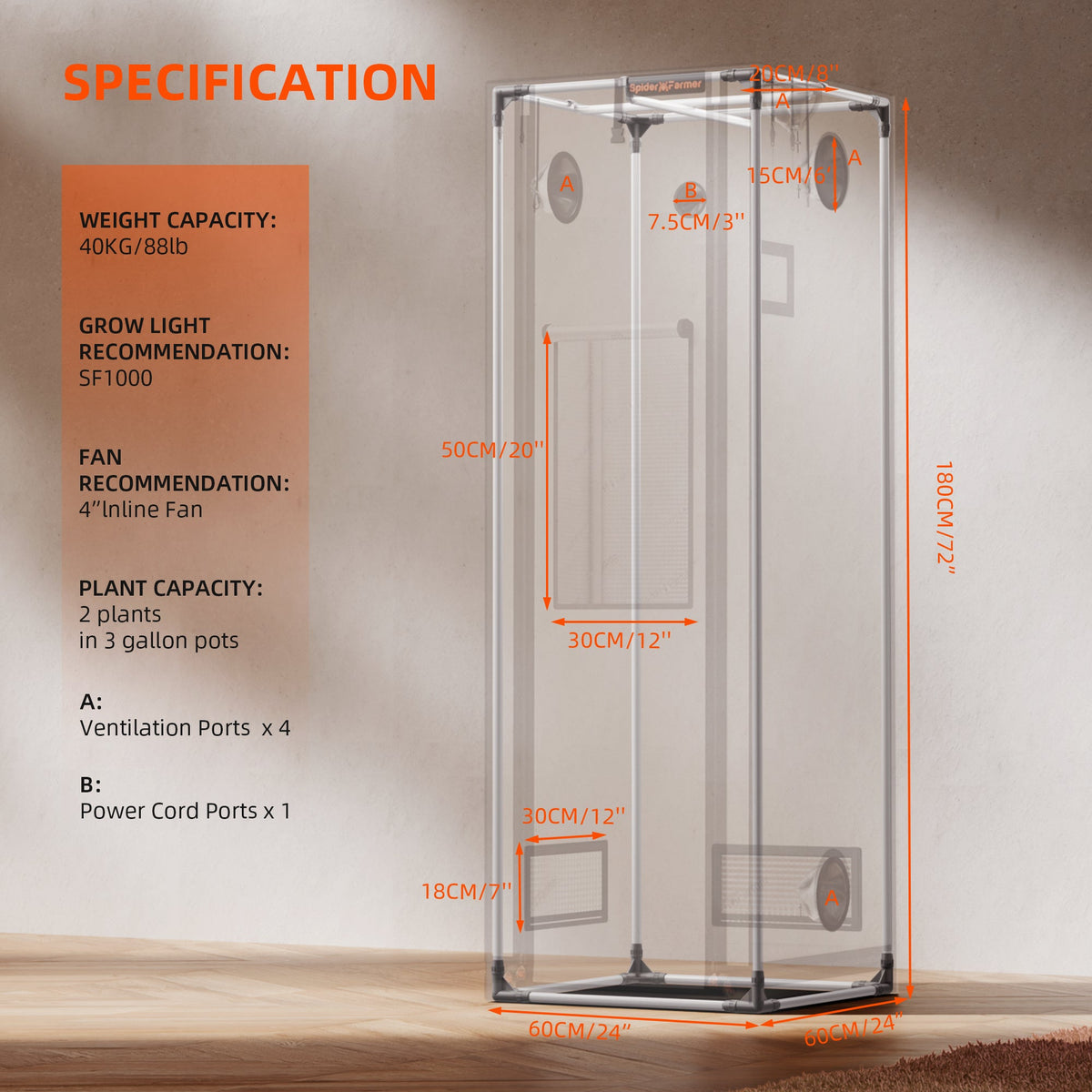 Spider Farmer Pro Komplettset 60x60x180 cm – Pro Growbox Abmessungen und Anschlüsse