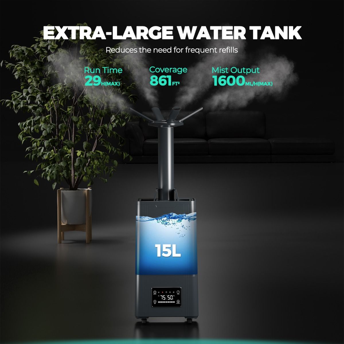 Luftbefeuchter mit 4 Nebelstufen und 15 Liter Tank