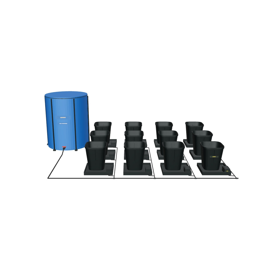1Pot Bewässerungssystem Komplettset mit 12 Töpfen – fotobasierte 3D-Visualisierung; beispielhafte Schlauchführung und angenäherte Kleinteile.