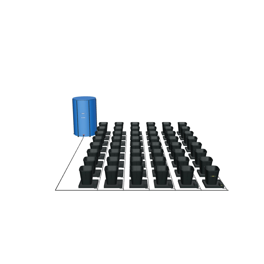 1Pot Bewässerungssystem Komplettset mit 48 Töpfen – fotobasierte 3D-Visualisierung; beispielhafte Schlauchführung und angenäherte Kleinteile.