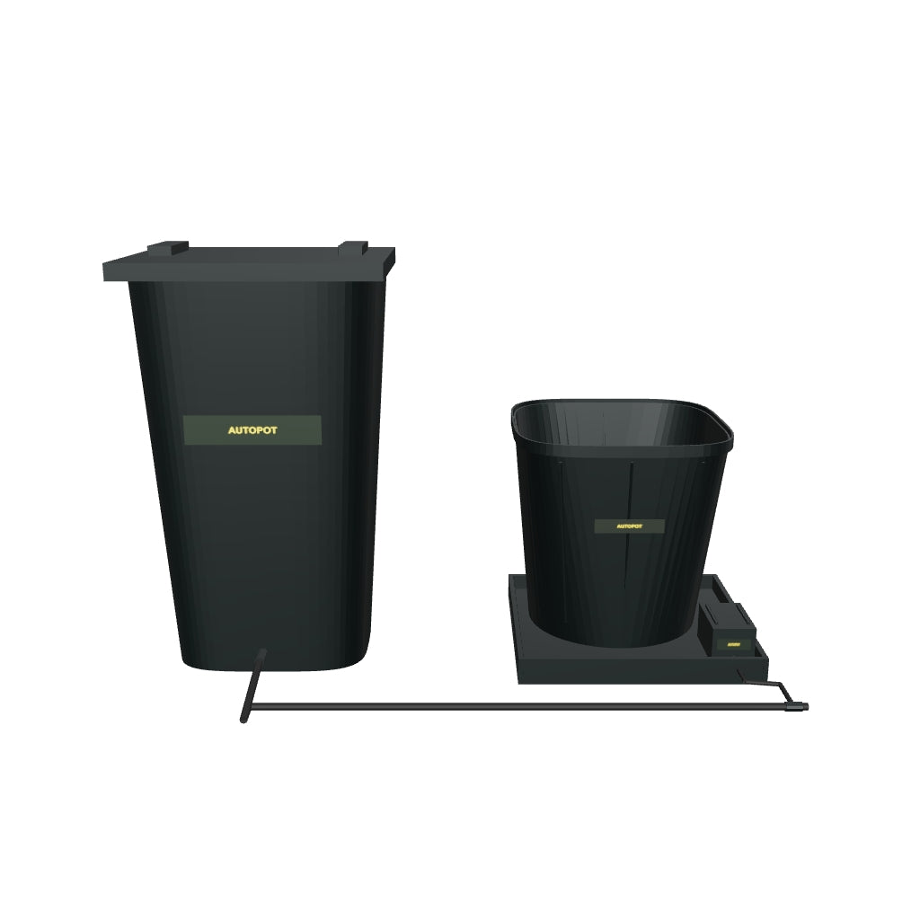 1Pot XL Bewässerungssystem Komplettset mit 1 Topf – fotobasierte 3D-Visualisierung; beispielhafte Schlauchführung und angenäherte Kleinteile.