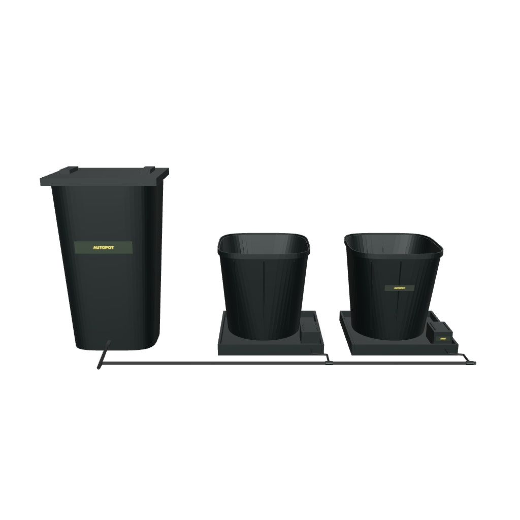 1Pot XL Bewässerungssystem Komplettset mit 2 Töpfen – fotobasierte 3D-Visualisierung; beispielhafte Schlauchführung und angenäherte Kleinteile.