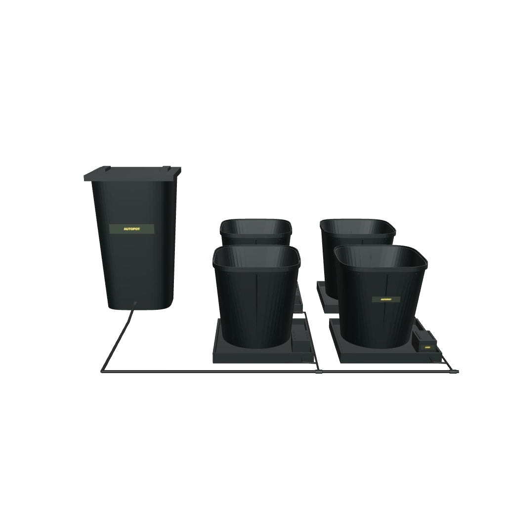 1Pot XL Bewässerungssystem Komplettset mit 4 Töpfen – fotobasierte 3D-Visualisierung; beispielhafte Schlauchführung und angenäherte Kleinteile.