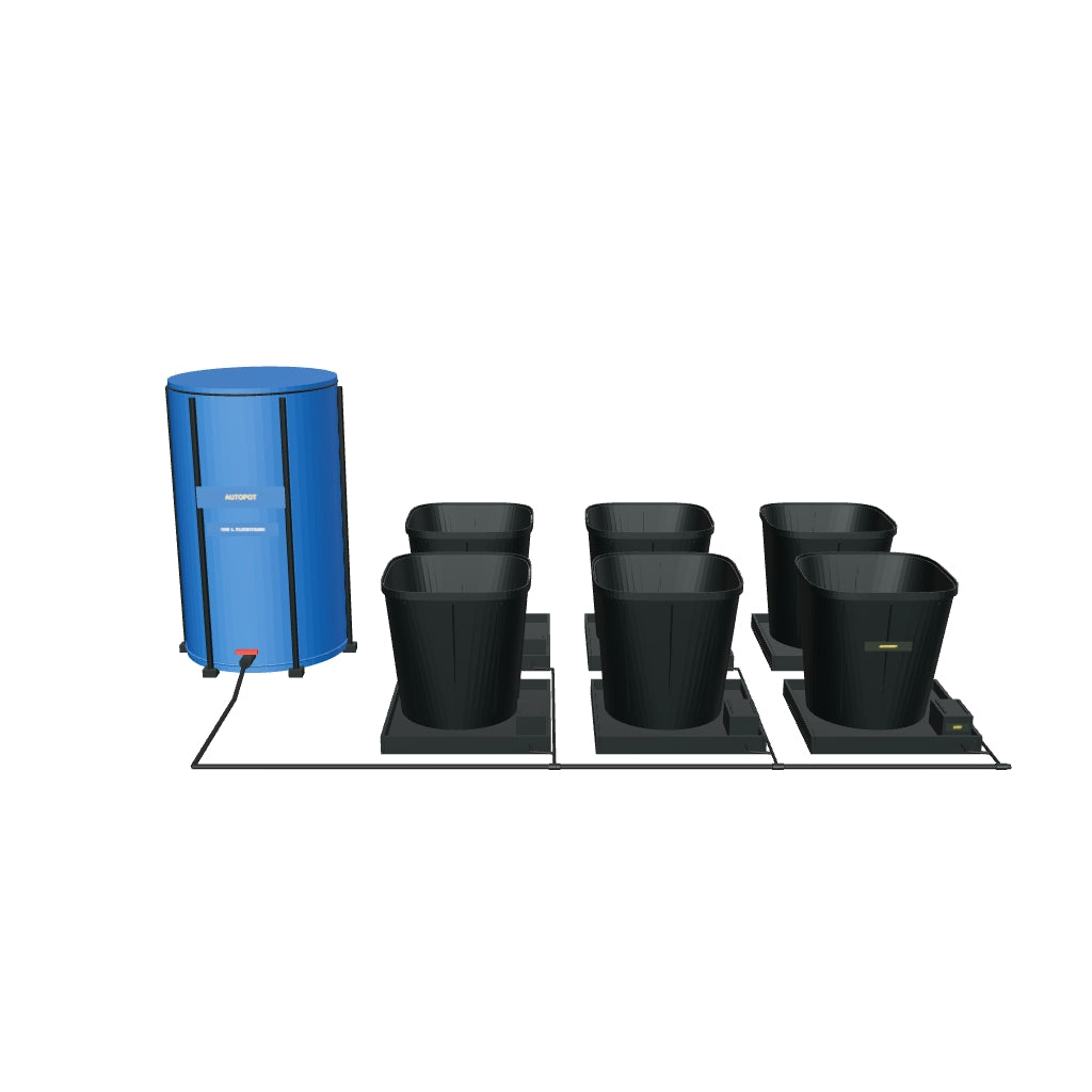 1Pot XL Bewässerungssystem Komplettset mit 6 Töpfen – fotobasierte 3D-Visualisierung; beispielhafte Schlauchführung und angenäherte Kleinteile.