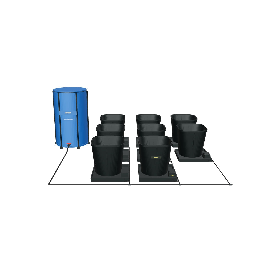 1Pot XL Bewässerungssystem Komplettset mit 8 Töpfen – fotobasierte 3D-Visualisierung; beispielhafte Schlauchführung und angenäherte Kleinteile.