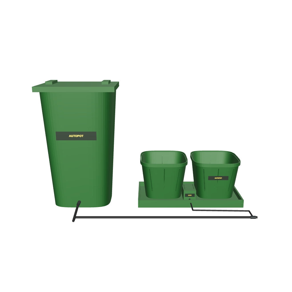 Easy2Grow Bewässerungssystem Komplettset mit 2 Töpfen – fotobasierte 3D-Visualisierung; beispielhafte Schlauchführung und angenäherte Kleinteile.