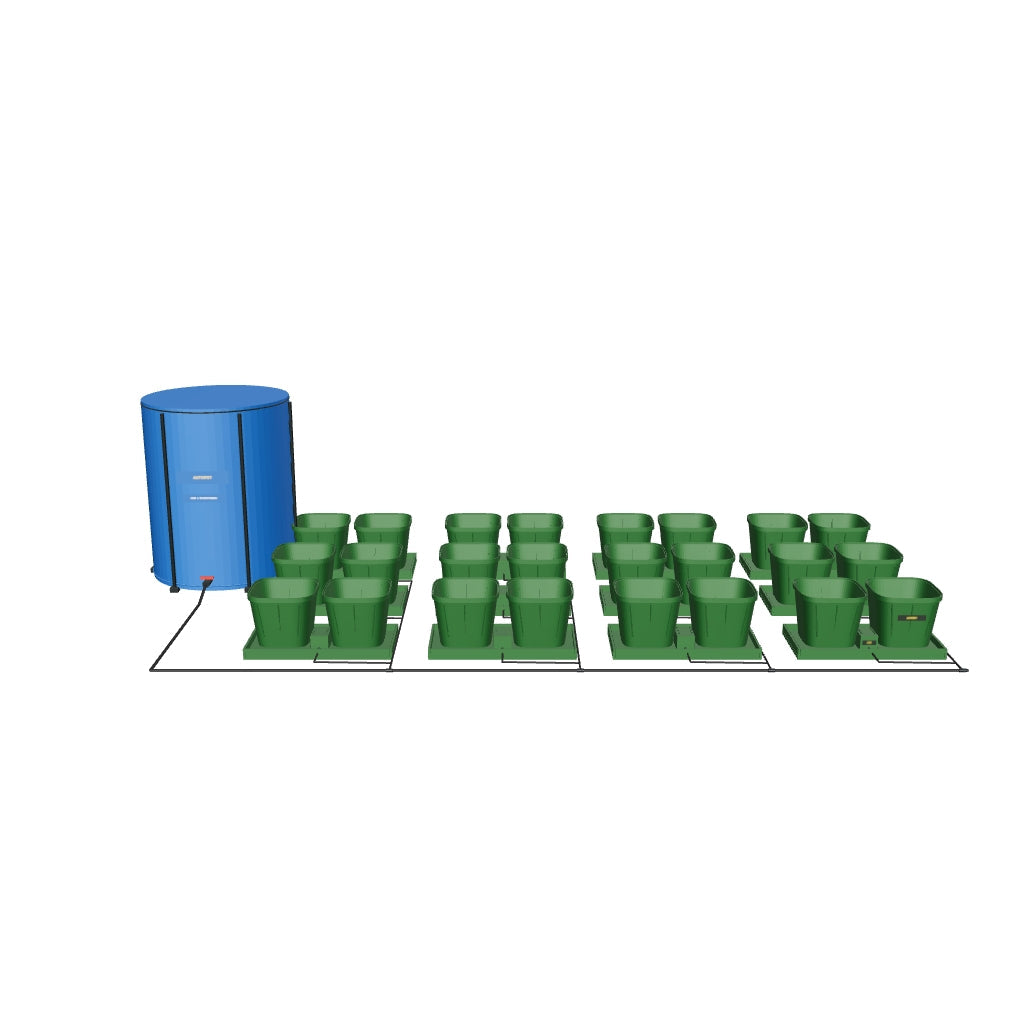 Easy2Grow Bewässerungssystem Komplettset mit 24 Töpfen – fotobasierte 3D-Visualisierung; beispielhafte Schlauchführung und angenäherte Kleinteile.