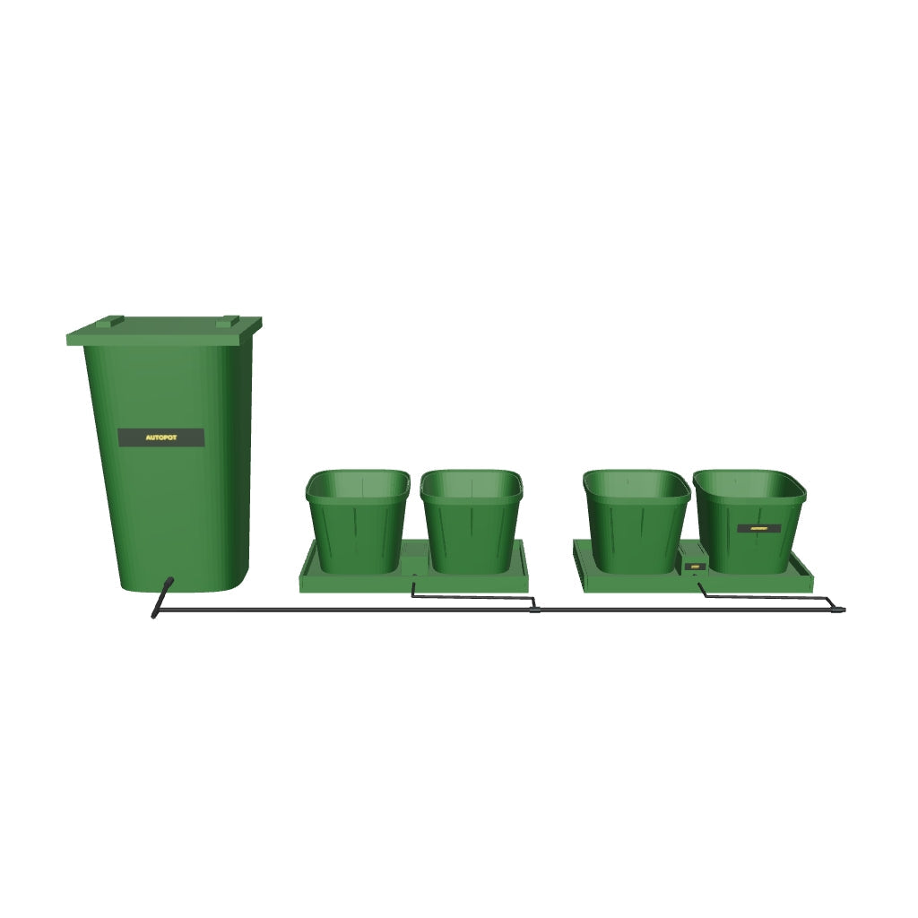 Easy2Grow Bewässerungssystem Komplettset mit 4 Töpfen – fotobasierte 3D-Visualisierung; beispielhafte Schlauchführung und angenäherte Kleinteile.