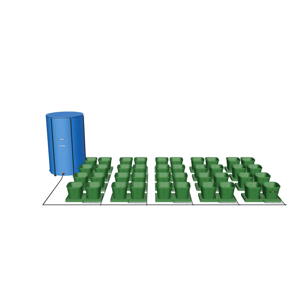 Easy2Grow Bewässerungssystem Komplettset mit 40 Töpfen – fotobasierte 3D-Visualisierung; beispielhafte Schlauchführung und angenäherte Kleinteile.