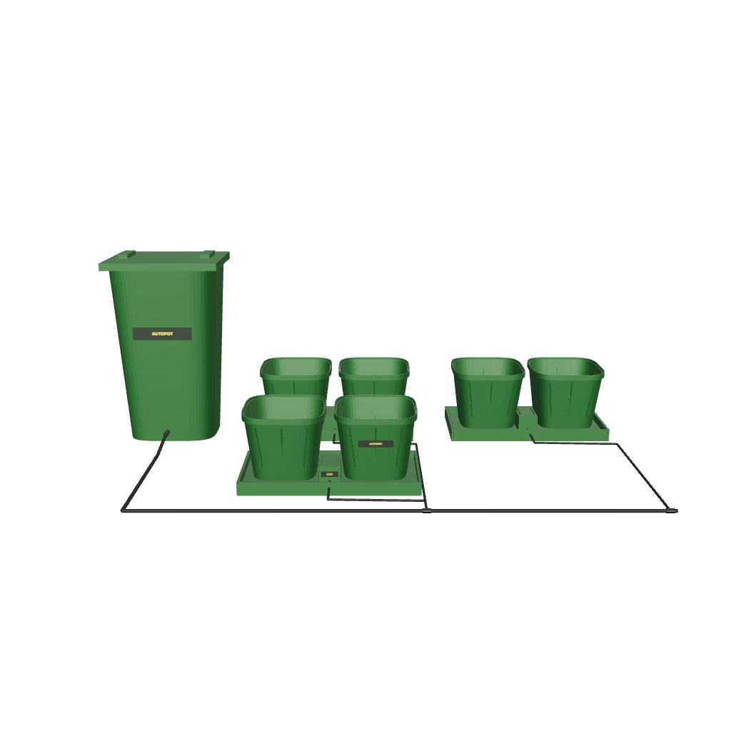 Easy2Grow Bewässerungssystem Komplettset mit 6 Töpfen – fotobasierte 3D-Visualisierung; beispielhafte Schlauchführung und angenäherte Kleinteile.