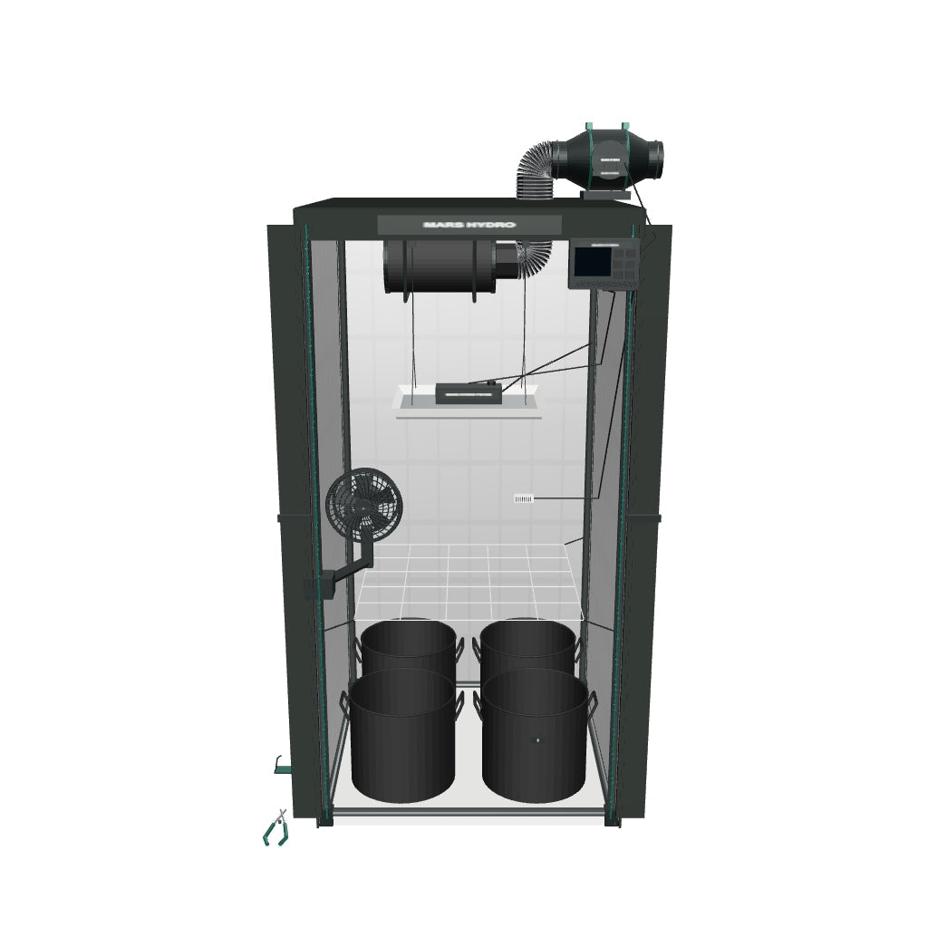 Mars Hydro Komplettset (80x80x160 cm) 150 Watt TS 1000 LED mit iControl für smarte Steuerung – interaktives 3D-Modell mit passender Smart-Steuerung und enthaltenen Komponenten
