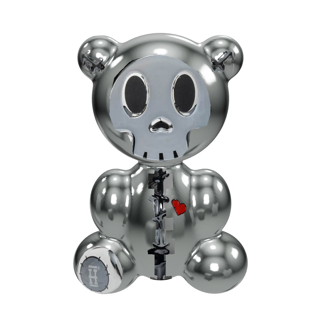 HEMPER Scare Bears Teddy Bear XL Bong – originale Schädelmaske, getrennte Nähte, Herz und H-Fußabzeichen auf neu geformtem silbernem Teddy, rückseitiger Kopf und Kugelperkolator; Spiegelwirkung angenähert