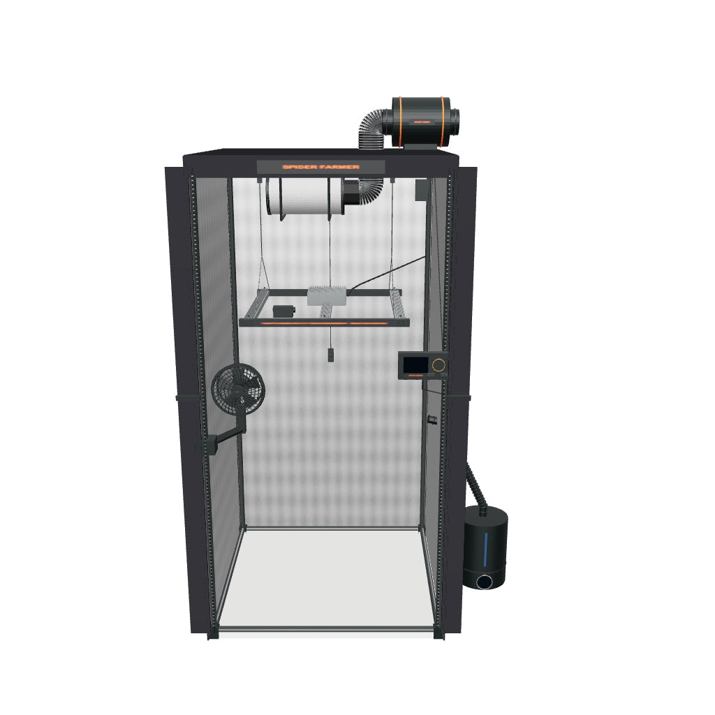 Spider Farmer Komplettset (90x90x180 cm) 300 Watt SE3000 EVO LED mit GGS für smarte Steuerung und Luftbefeuchter – interaktives 3D-Modell mit enthaltenen Komponenten