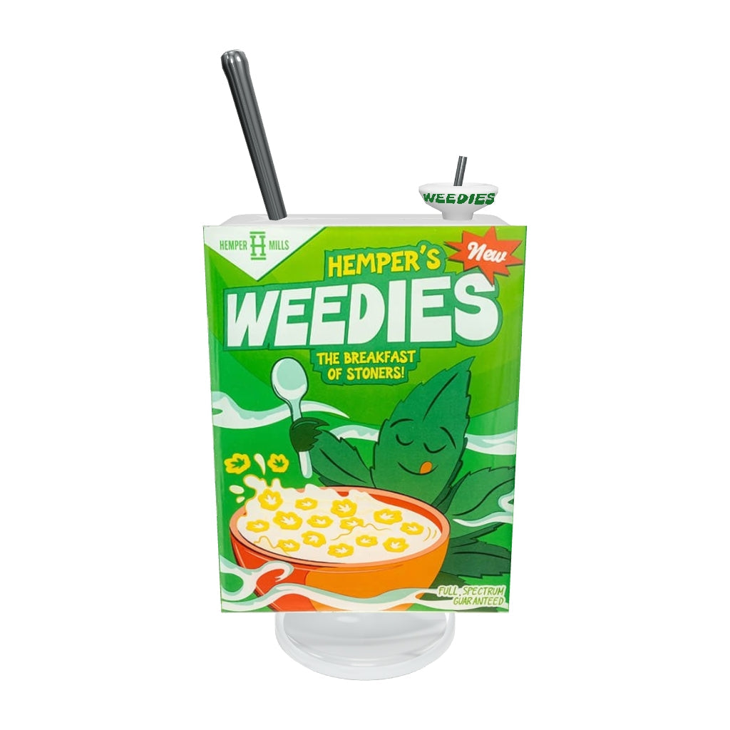 HEMPER Weedies Cereal Box XL Bong – auf 10,5 Zoll korrigierte Box mit Originalmotiven auf vier Seiten, flachem Löffelgriff und Schalenkopf; aus GoGrow- und HEMPER-Fotos angenähert