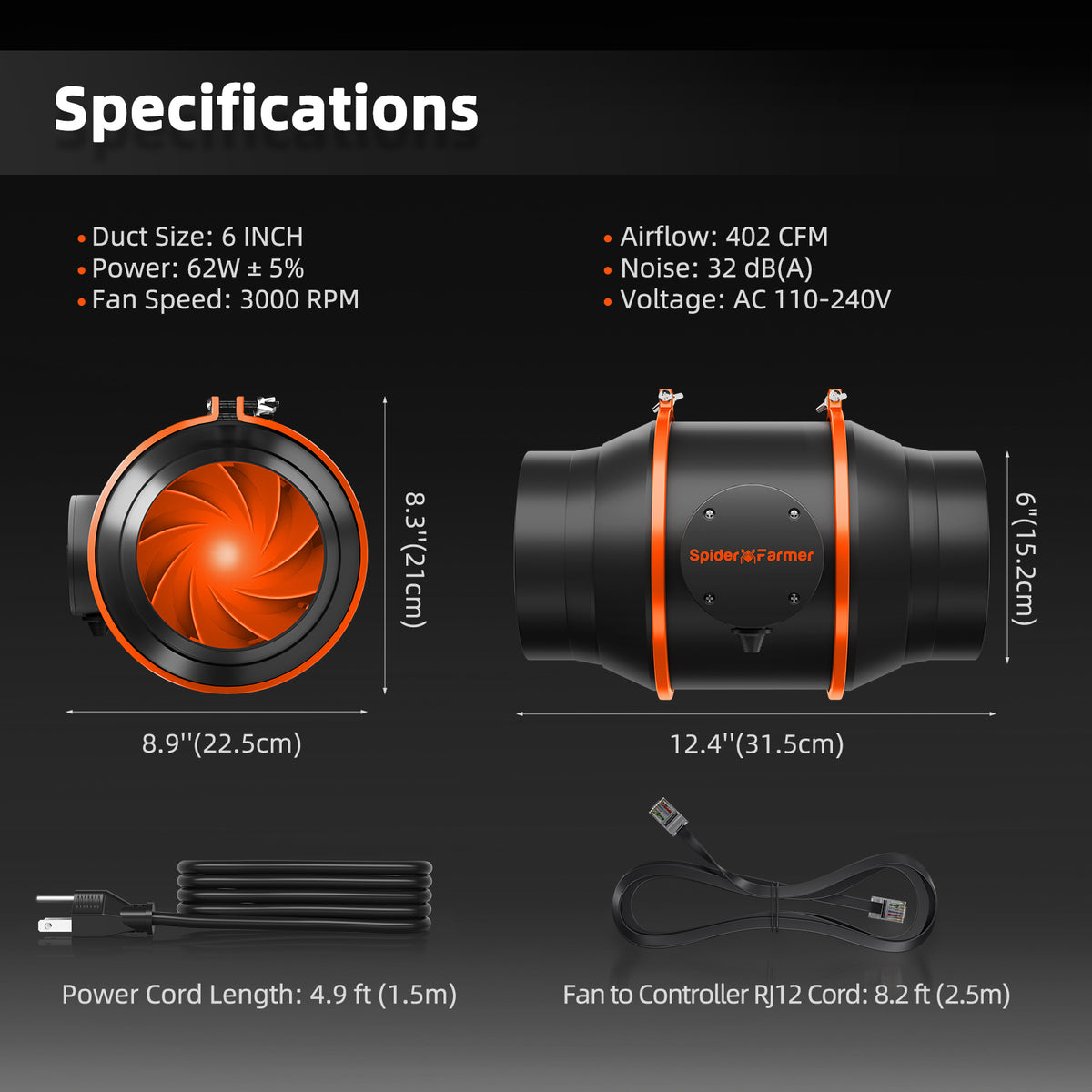 Spider Farmer SE1000W Komplettset – Maße und Daten des Inline-Lüfters