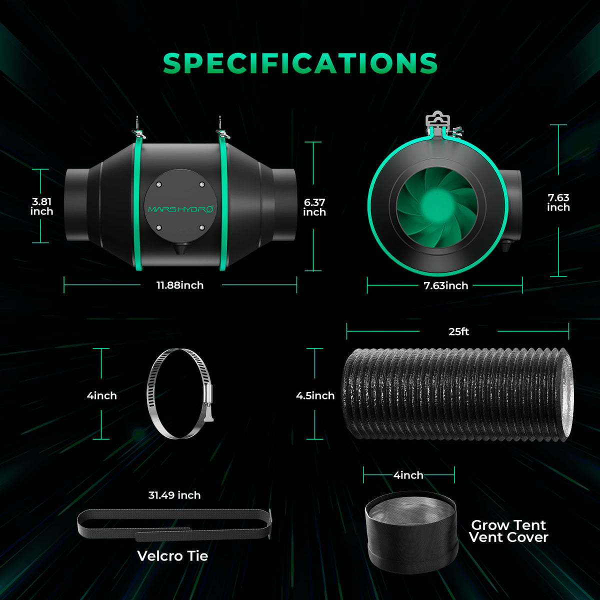 Mars Hydro TS1000 – Technische Daten des Abluftsystems