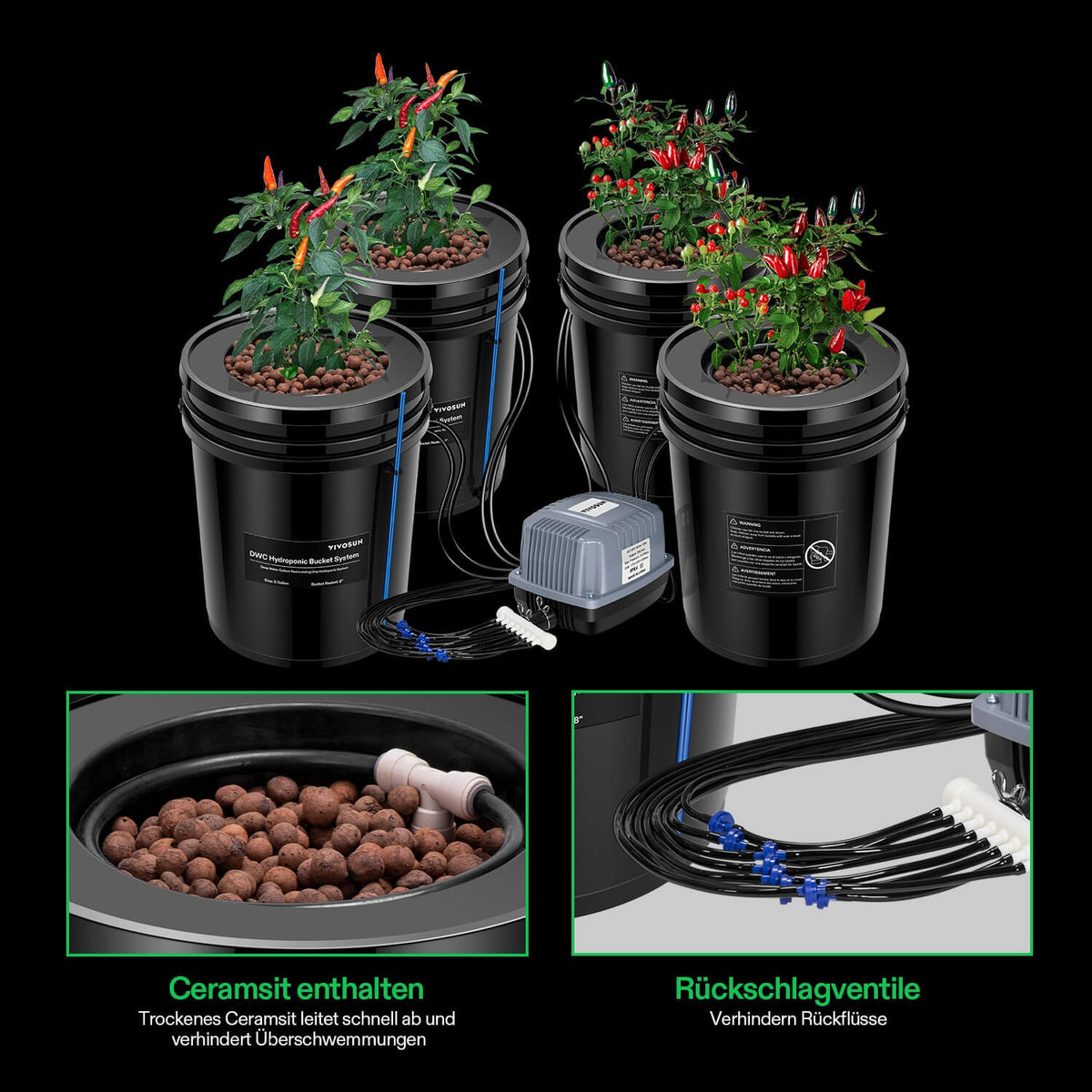 VIVOSUN DWC Hydroponik-System mit 4 Eimern à 18,9 L – Galerie 4