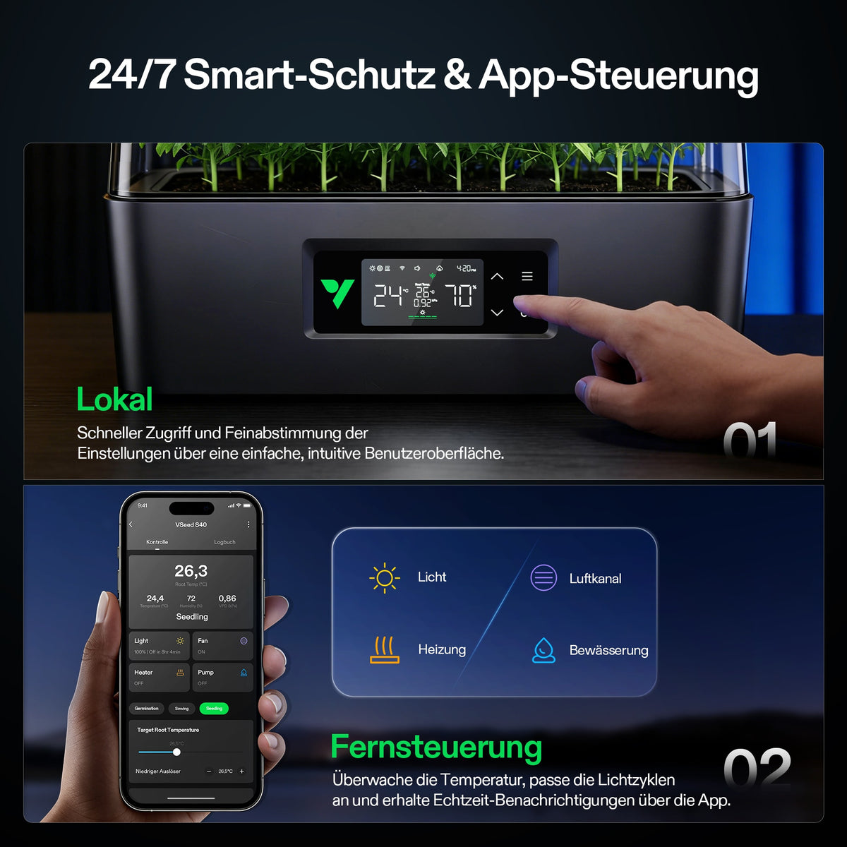 VIVOSUN VSeed S40 – Bedienfeld und App-Steuerung
